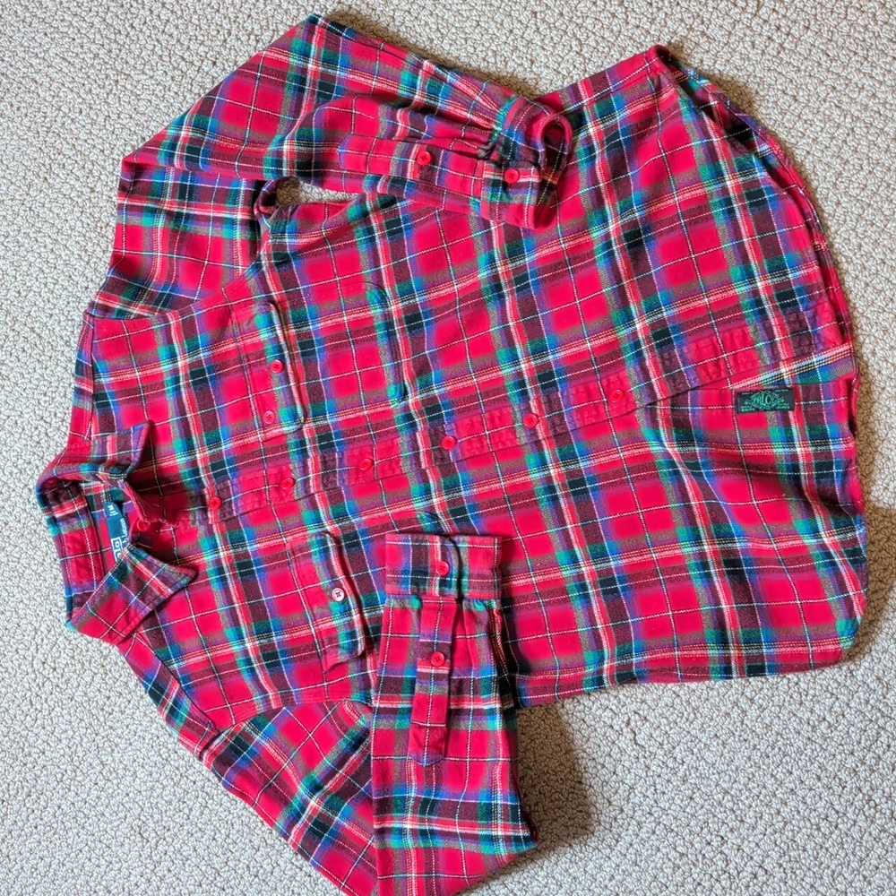 Vintage Polo Ralph Lauren Heavy 100% Cotton Flannel Plaid Button Up Shirt